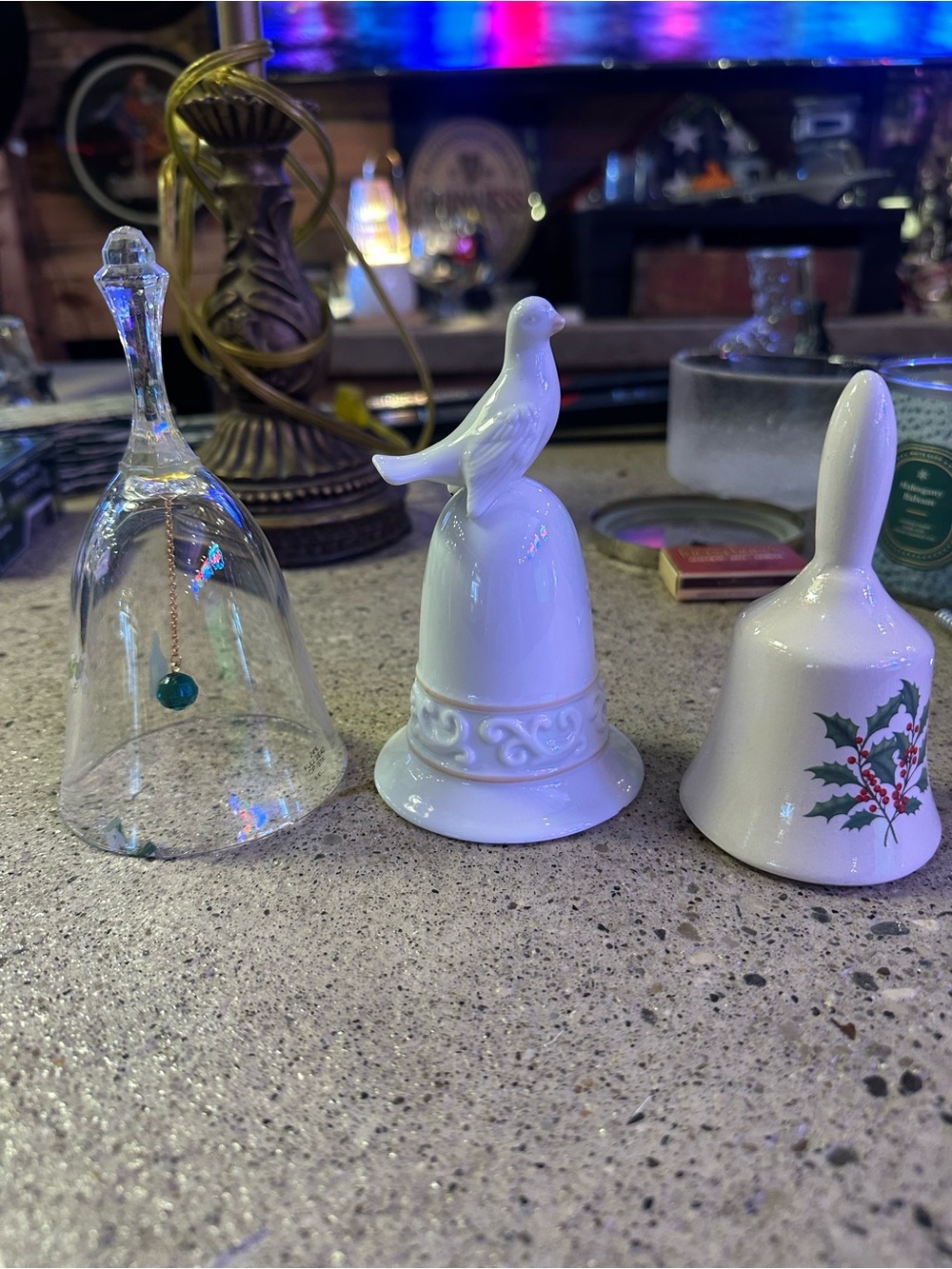 Trio of Decorative Table Bells - Crystal & White Ceramic - 2 Avon, 1 unbranded